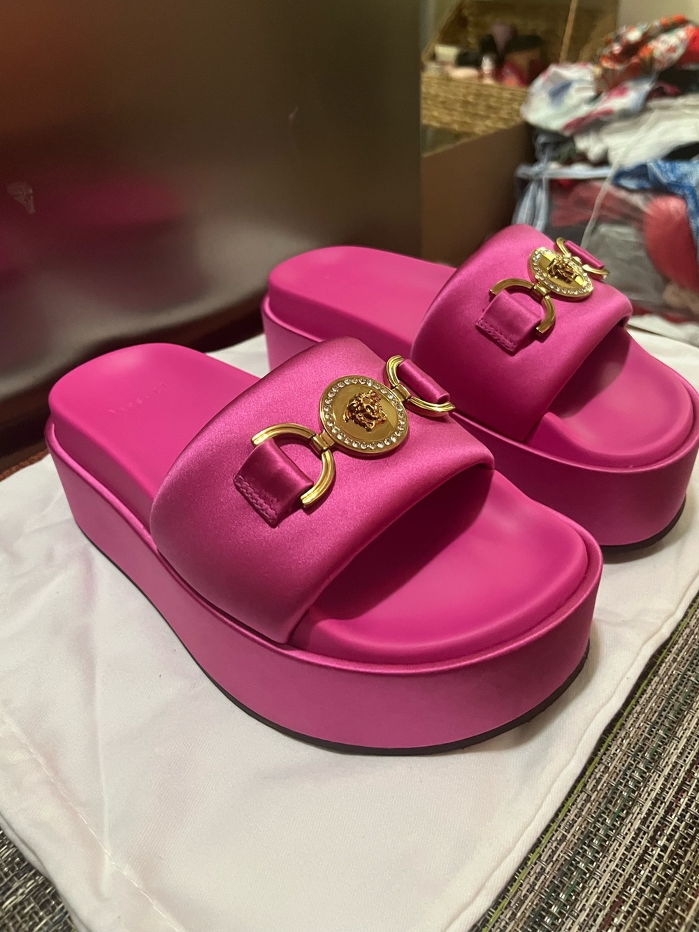 Versace Hot Pink Medusa Slide Sandals with Gold Emblem - Picture 2 of 10
